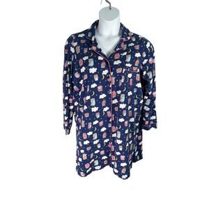 Sun Moon & Stars Pajamas Womens 1X‎ 16W Navy Owl Print Collared Shirt Tunic